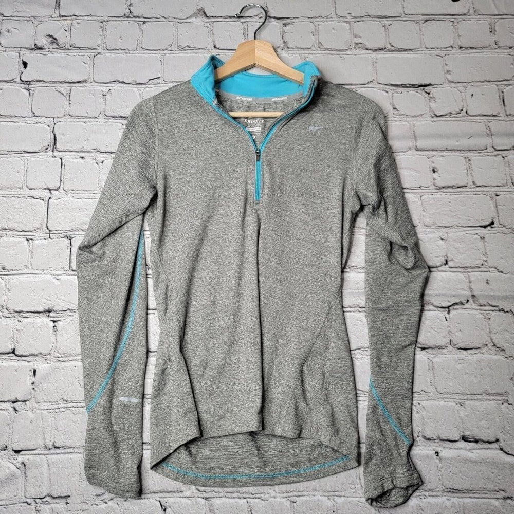 Nike Dri Fit Running Heathered Gray Blue Accent Quarter Zip Pullover Top Size S